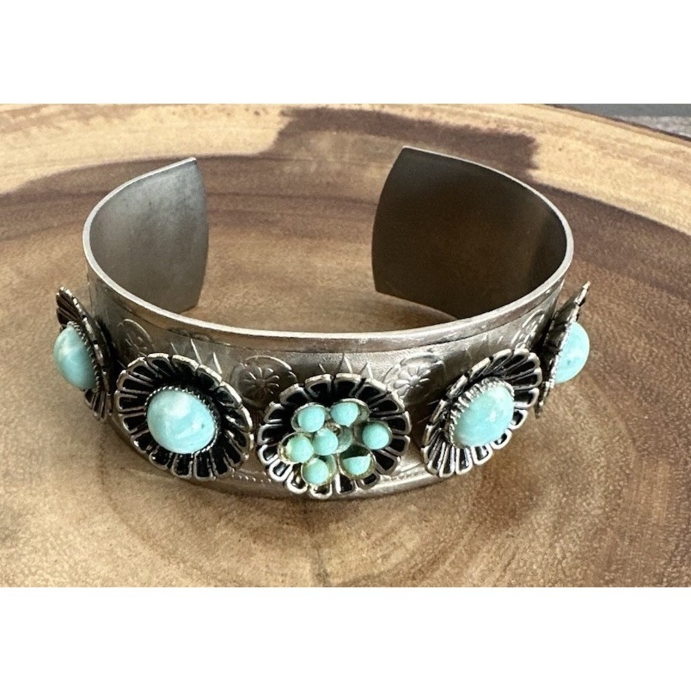 Vintage Turquoise Stone Silver Tone Cuff Bracelet Western Boho Cowgirl Festival